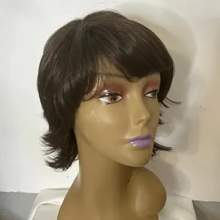 Photo of Dark Brown Short Layered Shag Wig Side Swept Bangs Feathered Flip Style male