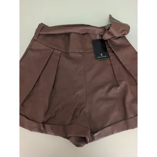 Photo of THE SANG Shorts Women L Brown Faux Leather Tie Waist High Rise Pleated Zip NEW