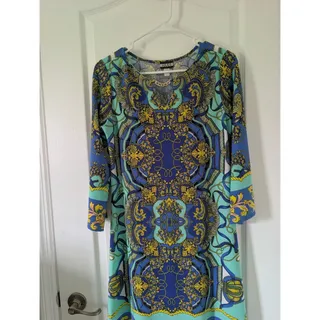 Photo of Haani Women Dress 3/4 Sleeve Blue, Green Gold Paisley Size Small