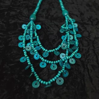 Photo of Boho Blue Wood Bead Multi-Strand Layered Statement Necklace Long 36"