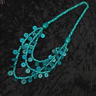 Photo of Boho Blue Wood Bead Multi-Strand Layered Statement Necklace Long 36"