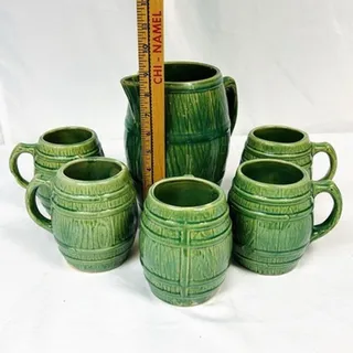 Photo of Vintage McCoy Pottery Stoneware Green Barrel Pitcher & 5 Steins Mugs