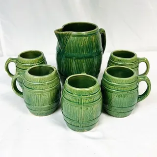 Photo of Vintage McCoy Pottery Stoneware Green Barrel Pitcher & 5 Steins Mugs
