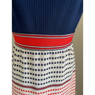 Photo of maxi dress mod geometric mock neck navy red