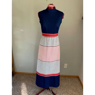 Photo of maxi dress mod geometric mock neck navy red