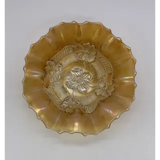 Photo of Dugan Diamond Glass Iridized Marigold Carnival Apple Blossom 7 3/4" Ruffled Bowl
