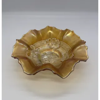 Photo of Dugan Diamond Glass Iridized Marigold Carnival Apple Blossom 7 3/4" Ruffled Bowl
