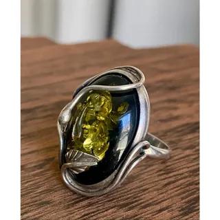 Photo of Green Amber and Sterling Set Ring ~ Size 7.75