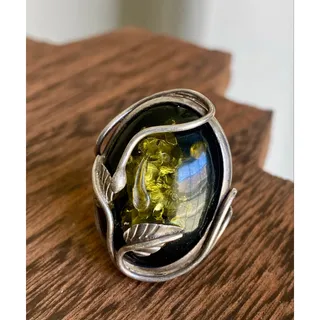 Photo of Green Amber and Sterling Set Ring ~ Size 7.75