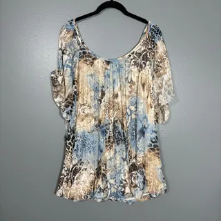Photo of Roz & Ali Blue & Tan Fairy Top Metallic Flowy Peasant - 3X - Women's Plus Size