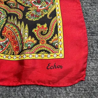 Photo of Vintage Echo Silk Scarf Red Border Paisley Square Hand Rolled Wrap Cottagecore