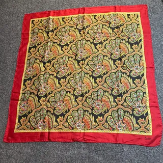 Photo of Vintage Echo Silk Scarf Red Border Paisley Square Hand Rolled Wrap Cottagecore