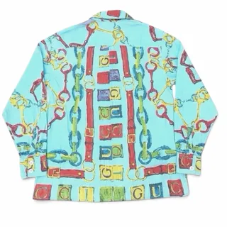Photo of Gucci Horsebit Chain Spellout Print Cotton Shirt Lilac Shoulder Trim Size 38