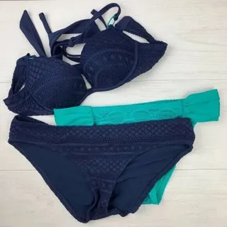 Photo of Aerie Push-Up Bikini Top 32A + 2 Hipster Bottoms S/P Set – Navy/Aqua