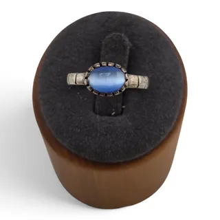 Photo of Vintage Blue Glass Cats Eye Ring Silver Tone Petite Size 6.5