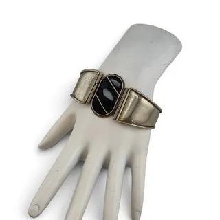 Photo of Vintage MCM Black Stone Possibly Onyx Silver Tone Hinged Bracelet 7 Inch
