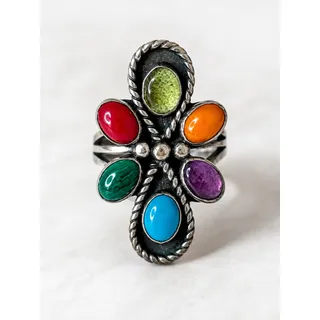 Photo of Sterling Multicolor Cabochon Gemstone Statement Ring Silver Boho Southwestern 6