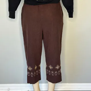 Photo of JM Collection Linen Blend Capri Pants Womens M Brown Embroidered Beaded Boho