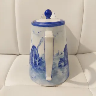 Photo of Antique T&V Limoges France Blue & White Porcelain Tankard Pitcher with Lid