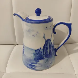 Photo of Antique T&V Limoges France Blue & White Porcelain Tankard Pitcher with Lid