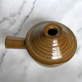 Photo of Vintage Stoneware Individual Casserole Soup Crock w Lid Brown Speckled 6.25"