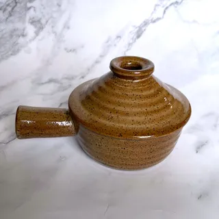 Photo of Vintage Stoneware Individual Casserole Soup Crock w Lid Brown Speckled 6.25"