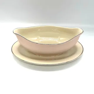 Photo of Vintage Colonial Fine China Porcelain Pink & White Gravy Boat w/ Attached Plate