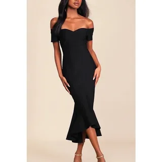 Photo of NWT Lulus Off Shoulder Trumpet Midi Dress Mermaid Womens S Black Cocktail Event