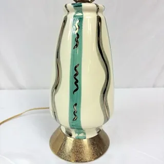 Photo of Vintage MCM Atomic Ceramic Table Lamp Retro Aqua Teal Blue White Gold 26”