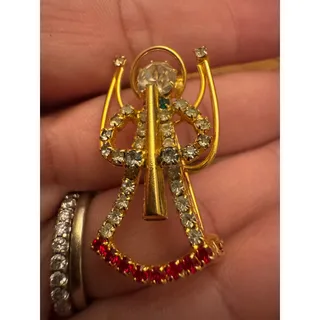 Photo of Vintage Angel Lapel Pin Brooch Rhinestones Horn Christmas Scarf Gold Tone 1.5”