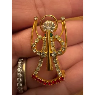 Photo of Vintage Angel Lapel Pin Brooch Rhinestones Horn Christmas Scarf Gold Tone 1.5”