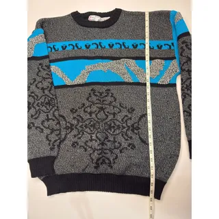 Photo of Vintage 90s Nino Foriero Mens Knit Sweater Gray Blue Abstract Ski Pullover