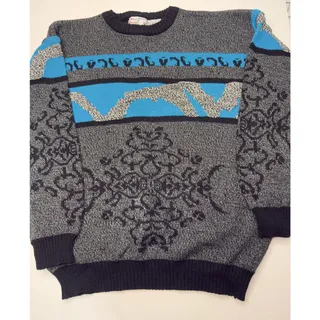 Photo of Vintage 90s Nino Foriero Mens Knit Sweater Gray Blue Abstract Ski Pullover