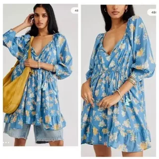 Photo of Free People Dress Womens XS Floral Boho Mini Tassel Lace-Up Pockets OB1666374