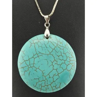 Photo of Vintage 925 Sterling Silver Italy Box Chain 19" Turquoise Disc Pendant 25g Total