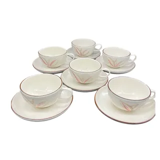 Photo of Vintage MCM Winfield True Porcelain Dragon Flower Set of 6 Coffee Cups & Saucers