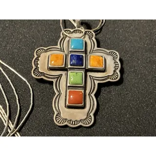 Photo of Don Lucas Cross Necklace. Liquid Silver, Turquoise, Spiny Oyster, Lapis, Coral