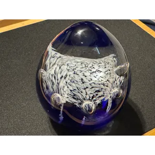Photo of Vintage Cobalt Blue Egg Shape Art Glass Heavy Paper Weight, White Bubble Inside