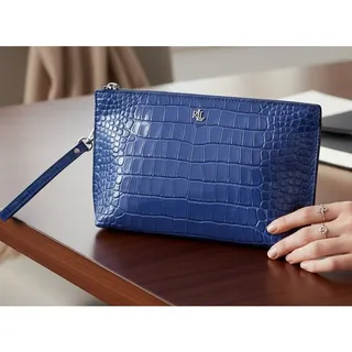 Photo of Ralph Lauren Large Blue Croc Embossed Leather Pouch RLL Zip Clutch NWT