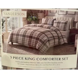 Photo of Sanderson 3 Piece King Comforter Set Plaid Tartan Burgundy, Sage Green, Tan, Cream