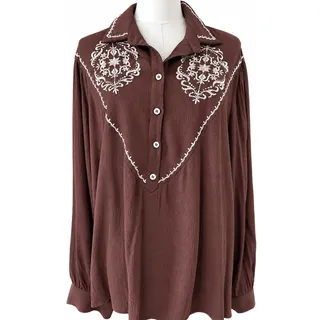 Photo of In Loom Brown Embroidered Western Boho Peasant Blouse Long Sleeve Large NWOT
