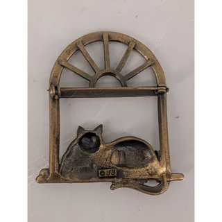 Photo of Vintage JJ Jonette Jewelry Cat in Arch Window Gold Tone Pin Brooch