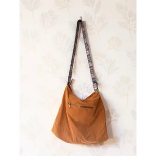 Photo of Brown Corduroy Hobo Bag Boho Multicolor Tribal Strap Slouchy Shoulder Purse