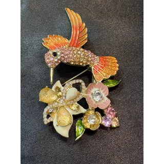 Photo of Vintage Anne Klein hummingbird and flower statement brooch