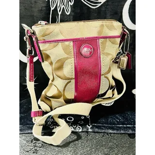 Photo of Coach F48806 Signature Stripe Swingpack Crossbody Khaki Passion Berry