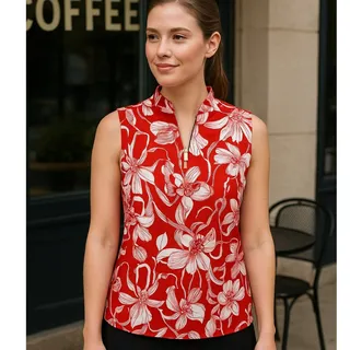 Photo of NWOT Chico's Red Floral Tank Blouse 1/4 Zip 2