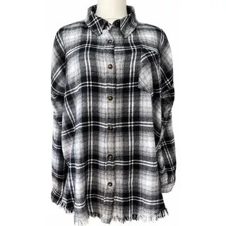 Photo of Hem & Thread Black White Plaid Raw Hem Button Front Shacket Shirt Jacket Large NWOT
