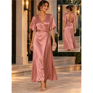 Photo of WHIMSY + ROW Lola Blush Satin Wrap Maxi Dress M Open Back Wedding Guest Formal