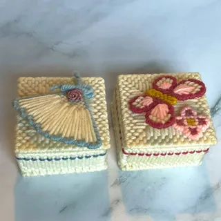 Photo of 2 Vintage Plastic Canvas Yarn Trinket Boxes Butterfly Fan Rose Handmade 3"