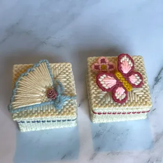 Photo of 2 Vintage Plastic Canvas Yarn Trinket Boxes Butterfly Fan Rose Handmade 3"